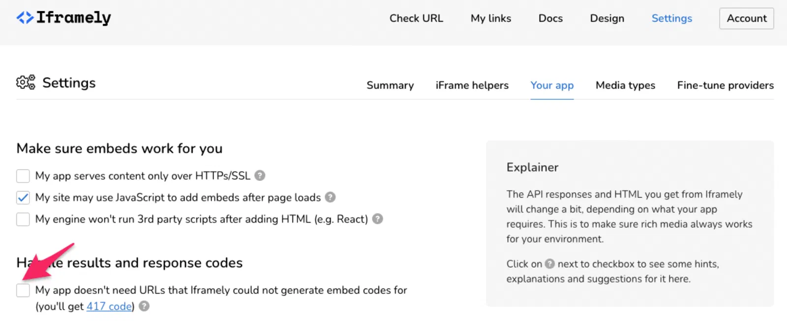 The Iframely app settings page, with a red arrow pointing at the unchecked option for URLs Iframely could not generate embed codes for