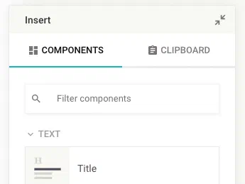 The Insert panel on its Components tab, showing the component filter box above a collapsable TEXT group
