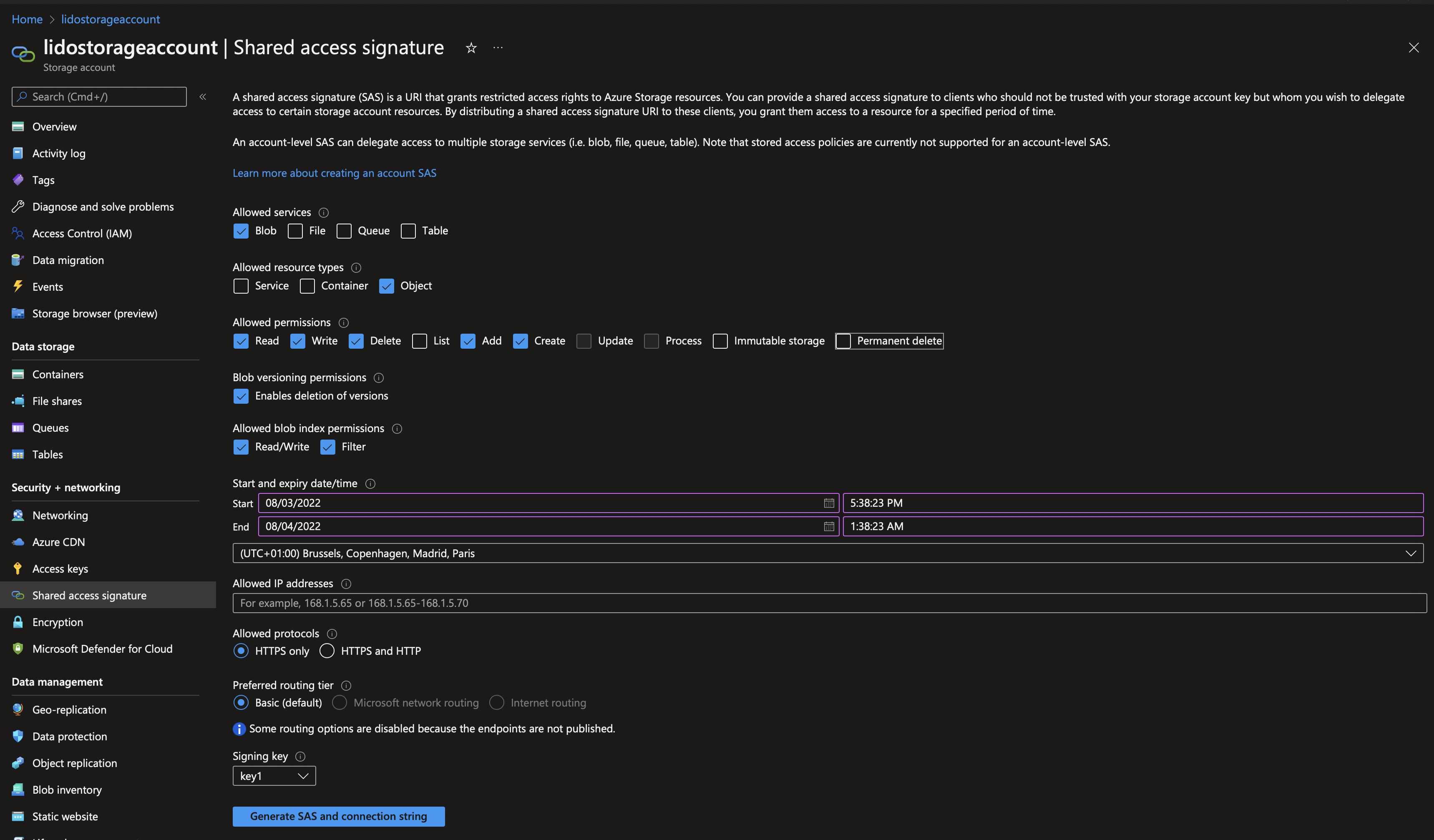 Configure SAS Token in Azure Portal