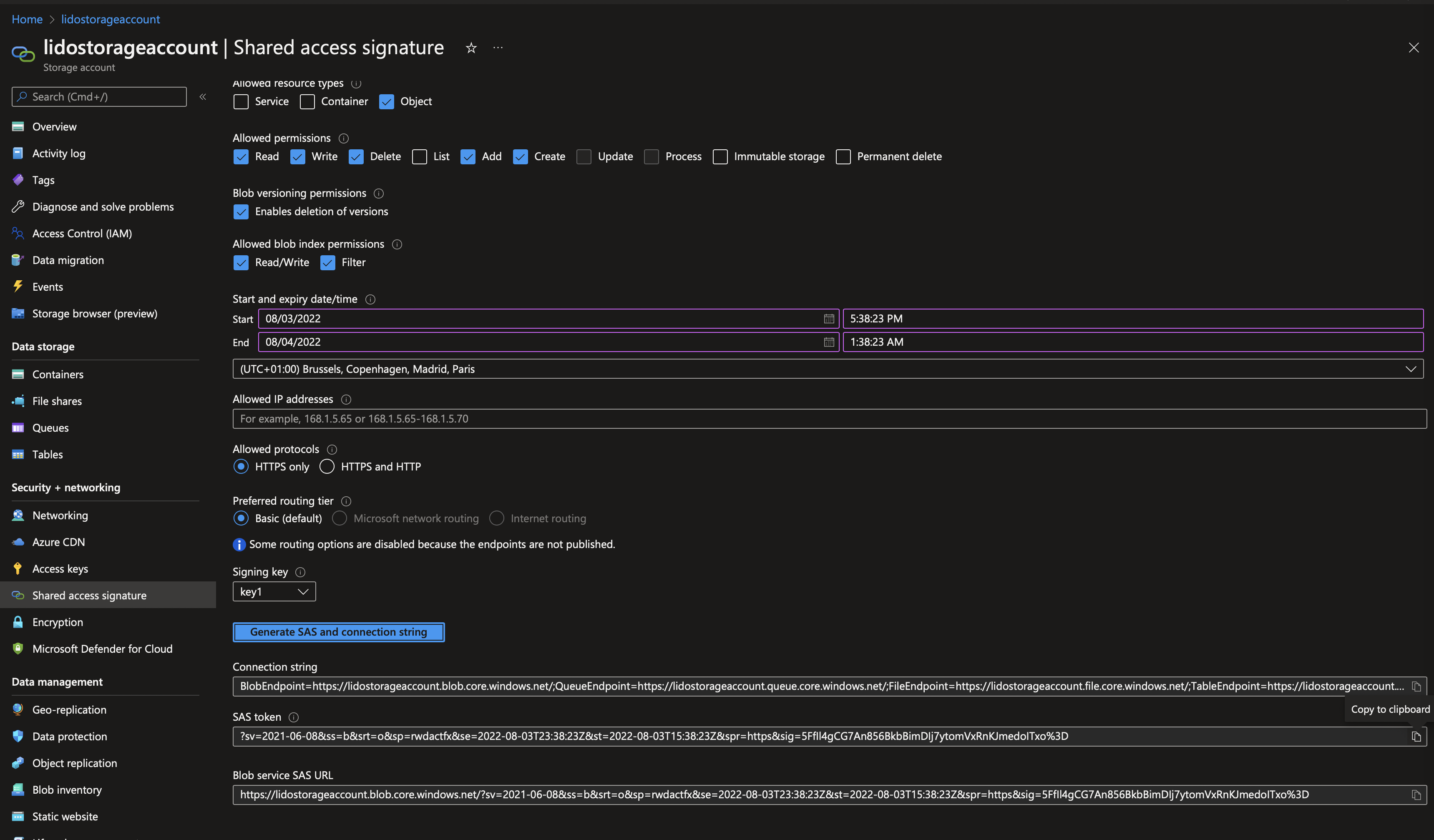 Copy SAS Token in Azure Portal