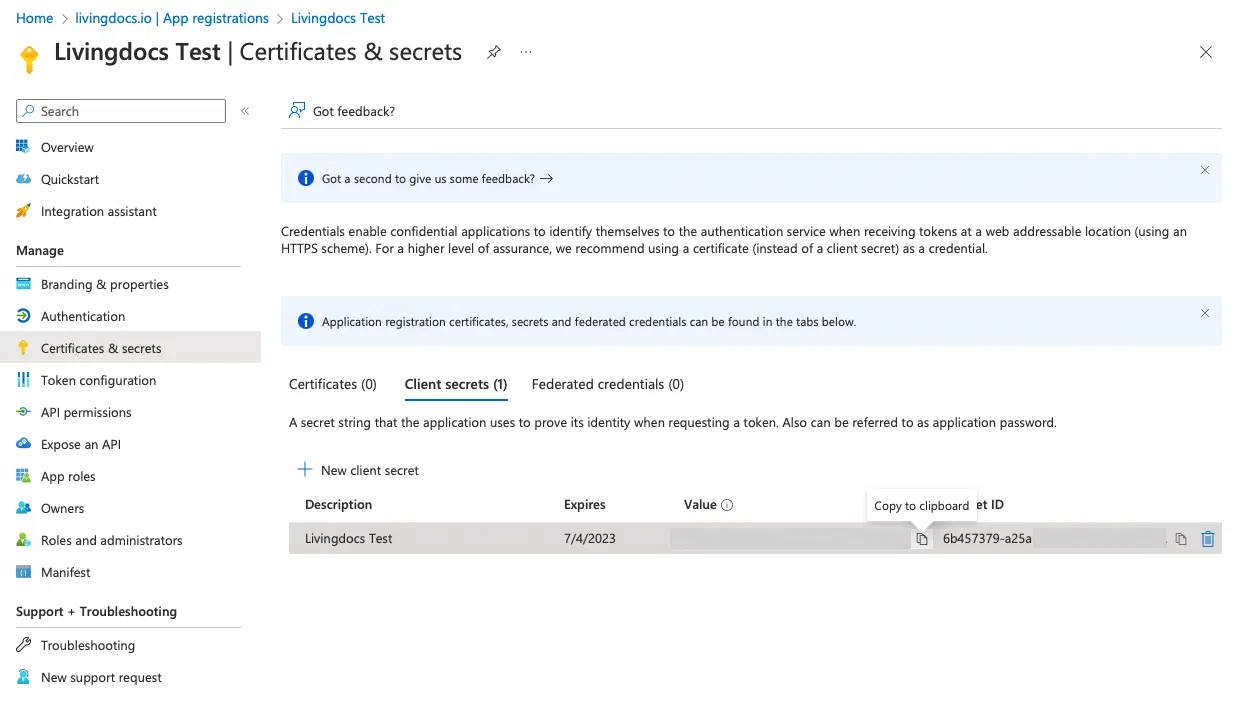 Copy client secret
