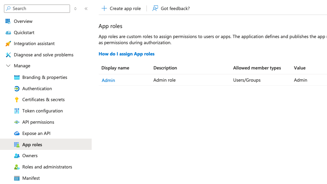 Create app role in registered app