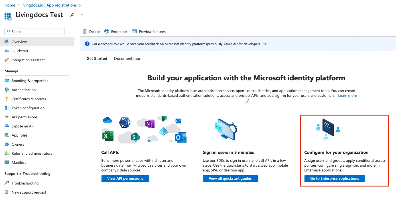 Open 'Configure your organization' in registered app