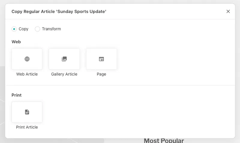 A copy dialog for a regular article, set to Copy rather than Transform, offering the Web targets Web Article, Gallery Article and Page and the Print target Print Article
