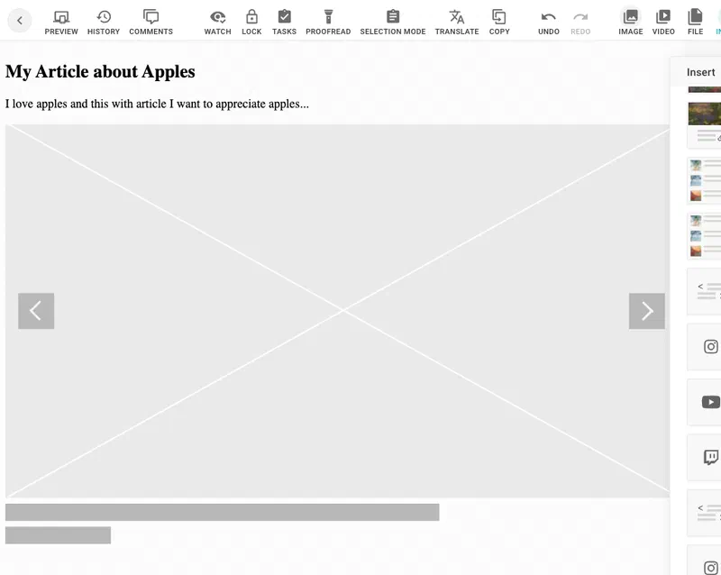 An article showing the gallery teaser as a grey crossed-out placeholder because no gallery is linked yet