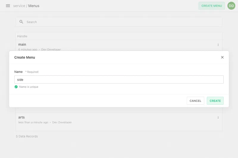 Menu Creation Dialog