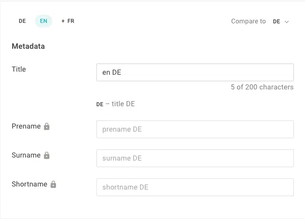 A metadata form on the EN language tab, with the German Title shown beneath it for comparison and the untranslatable Prename, Surname and Shortname fields locked