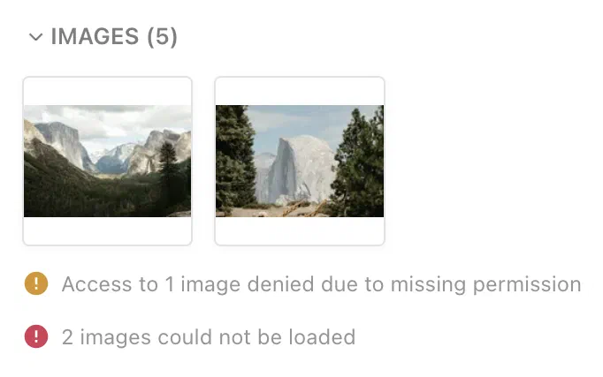 Images section with messages for denied and failed images