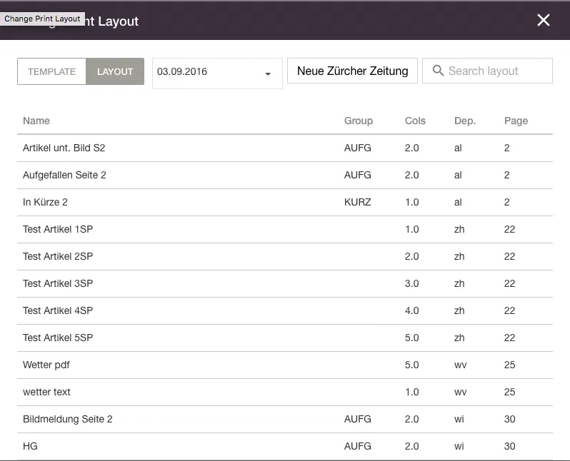 Choose a print layout in Livingdocs