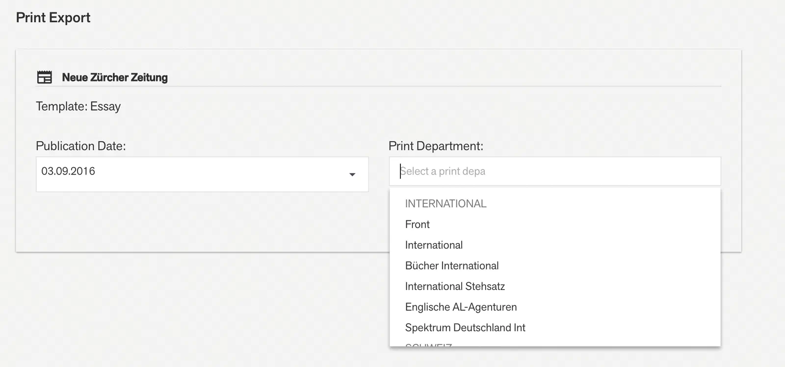 The print department selection in the user interface