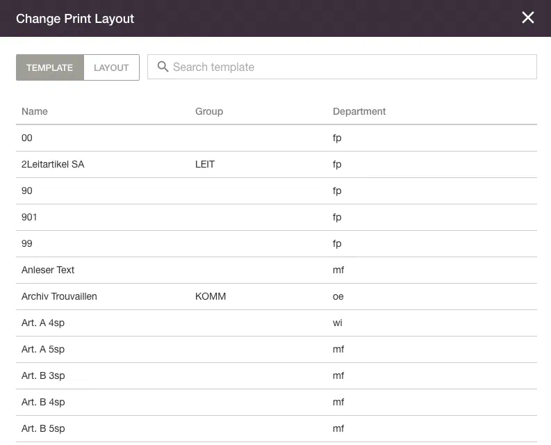 Choose a print template in Livingdocs