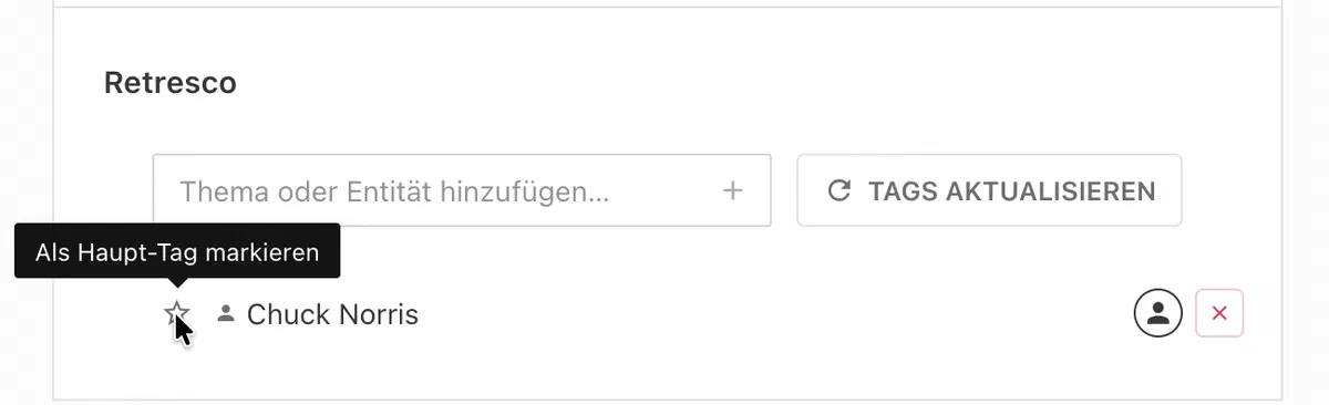 Star toggle to mark a Retresco tag as a main entity