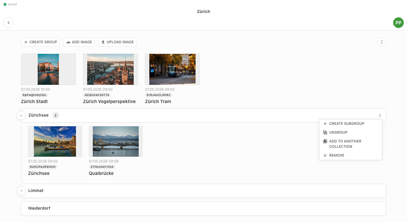 Example collections with actions, groups and images
