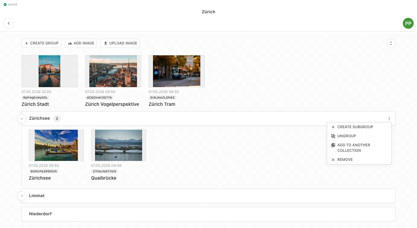 Example collections with actions, groups and images