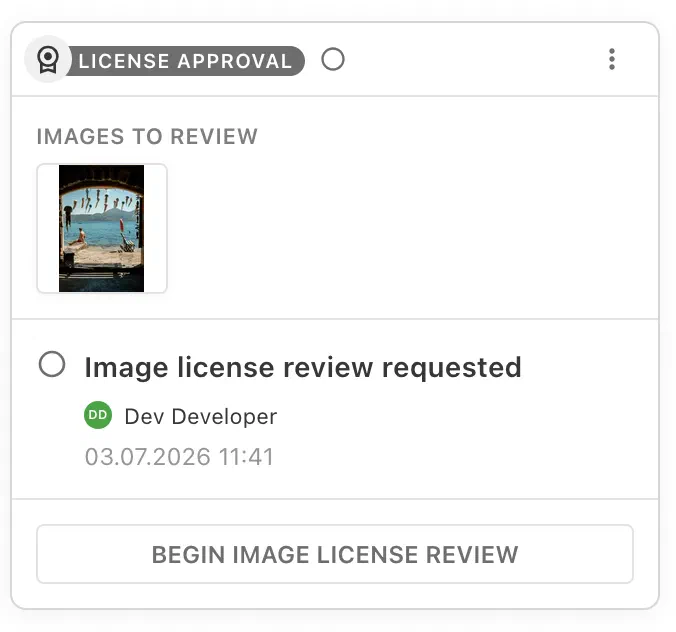 License Approval task with an 'Images to review' thumbnail and a 'Begin image license review' button
