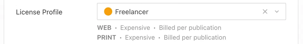 Freelancer profile selected, with WEB and PRINT rows both reading 'Expensive, Billed per publication'