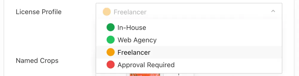 Open License Profile dropdown with four options - In-House, Web Agency, Freelancer, Approval Required - each with a colored dot