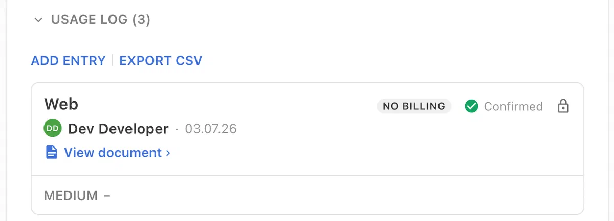 Usage log panel with a 'Web' entry tagged 'No billing' and 'Confirmed'