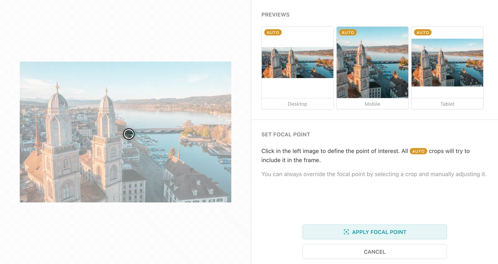 Focal point at the center of the image, with previews for the Desktop, Mobile and Tablet crops