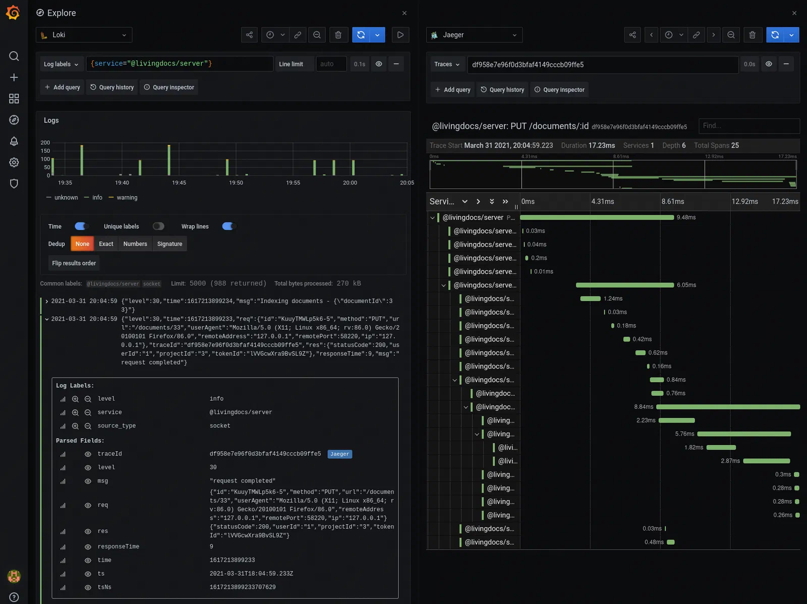 Grafana UI showing Loki logs and a linked Jaeger trace