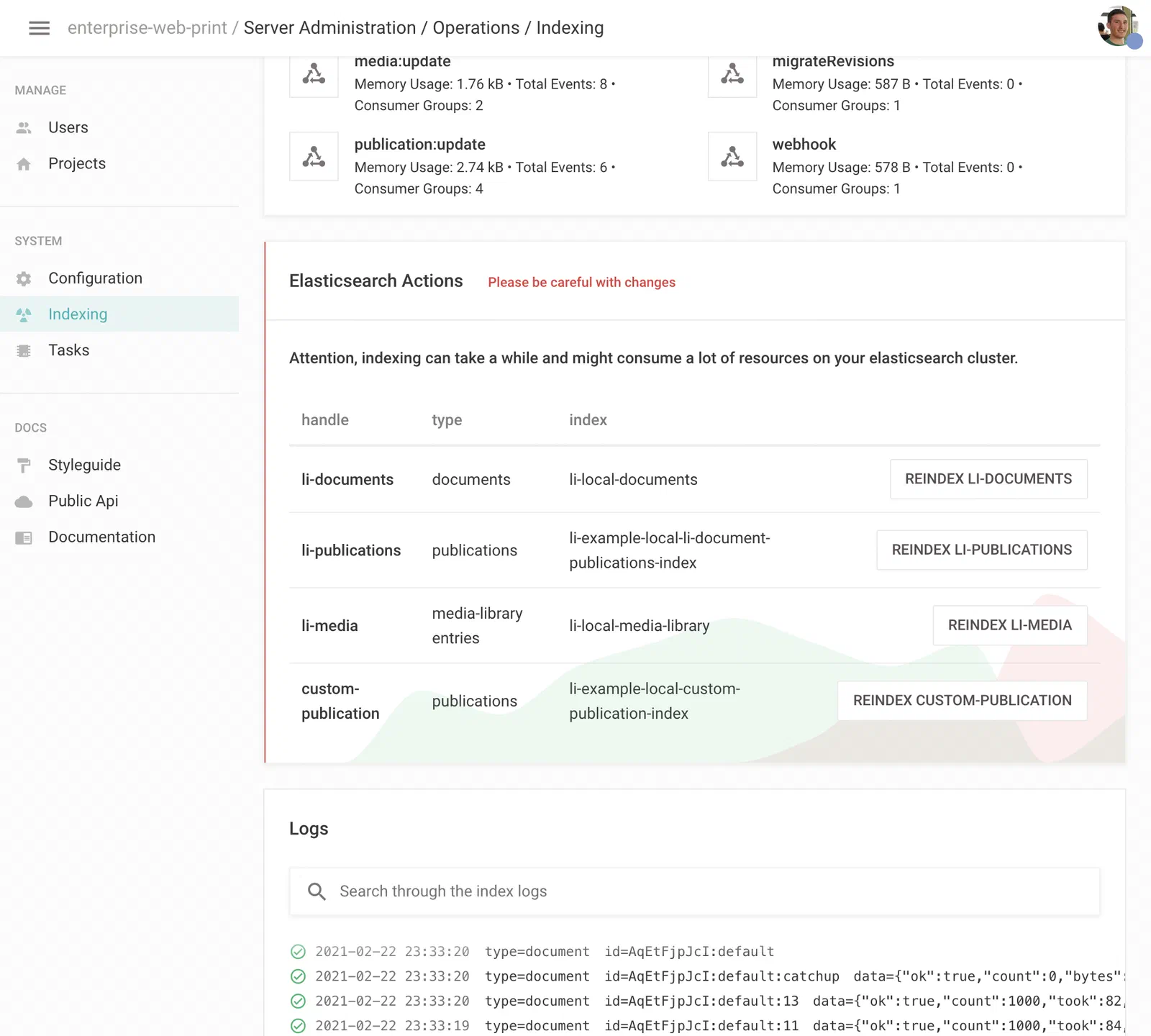 The Indexing screen listing every configured index with its own reindex button