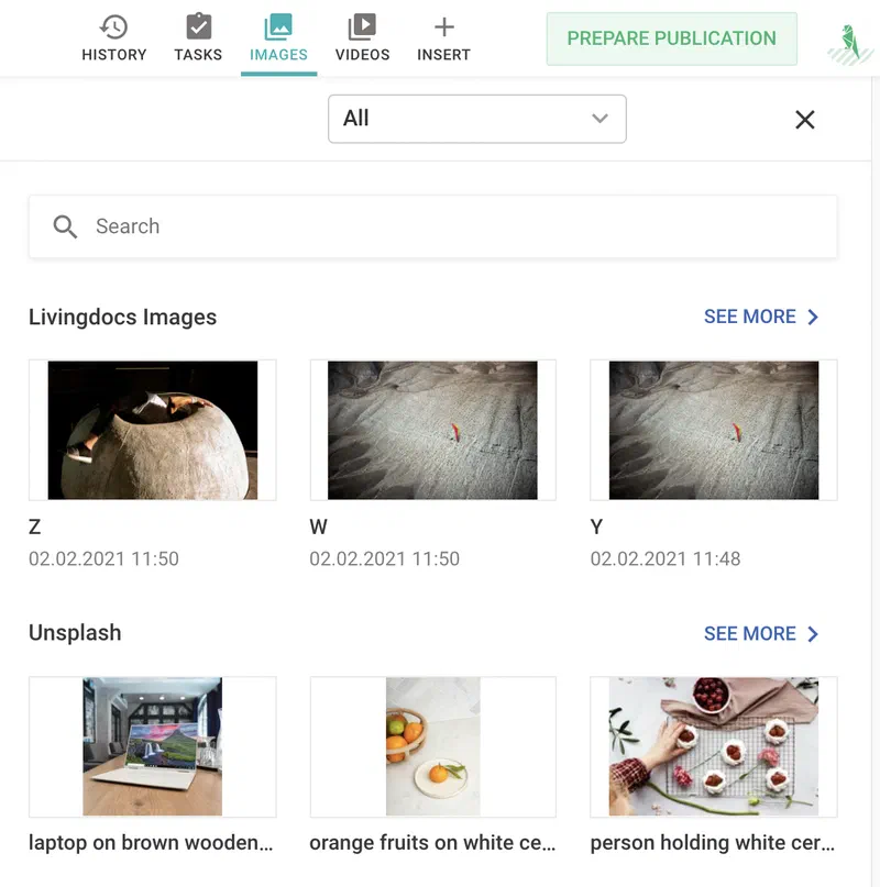 The image insert panel listing results from the Livingdocs Images and Unsplash media sources