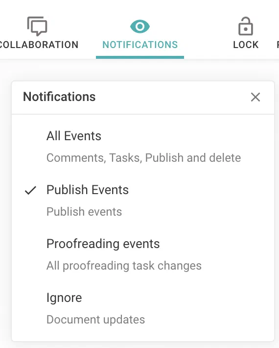 The Notifications panel with Publish Events selected among All Events, Proofreading events and Ignore