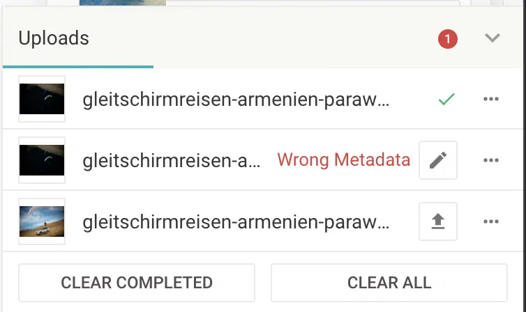 The Upload Center listing three uploads, one completed, one rejected for wrong metadata and one still uploading