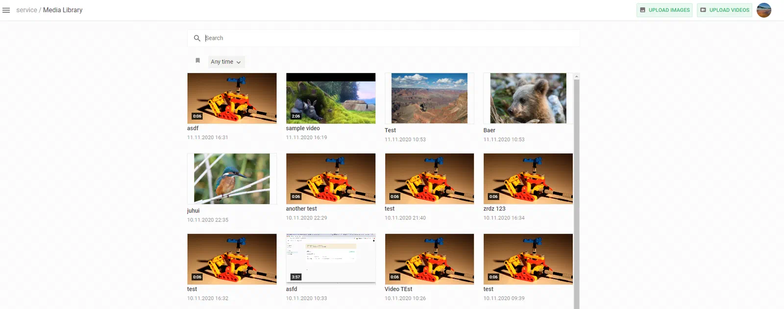 The Media Library showing video entries with their durations