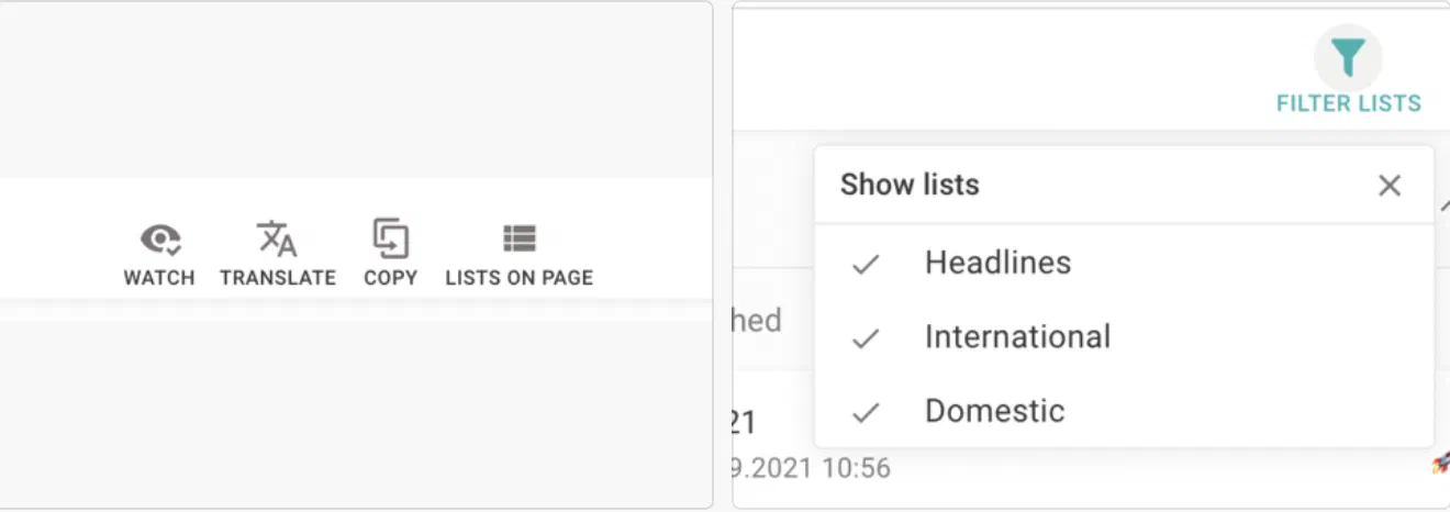 The Lists on page toolbar action beside a Show lists dropdown toggling the Headlines, International and Domestic lists