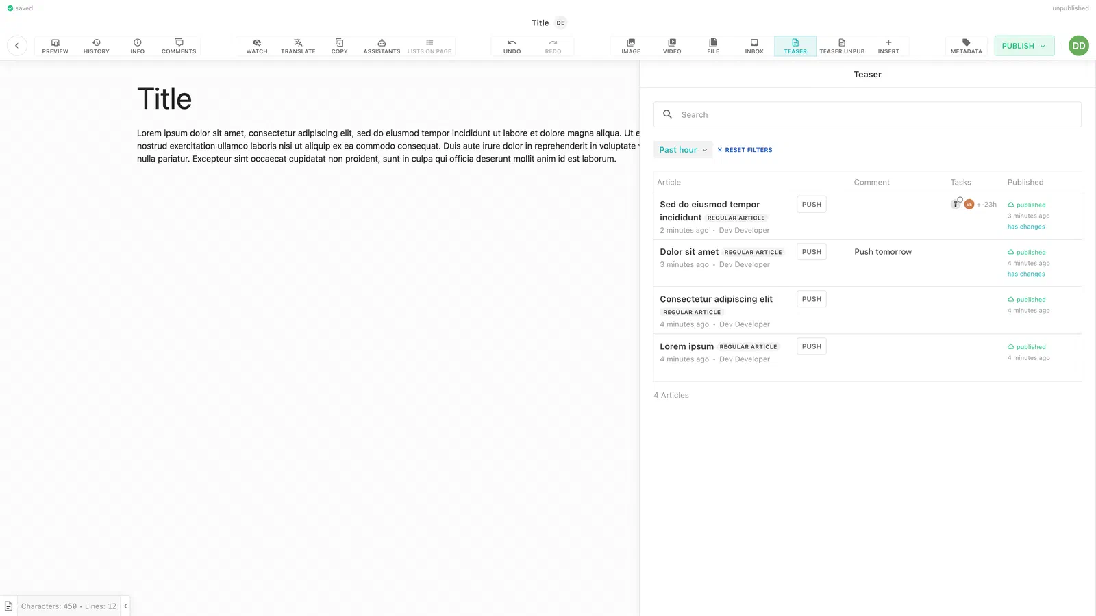 Screenshot of a wide teaser side panel