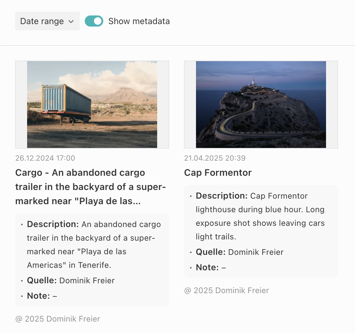 Image cards showing a title, date, credit line, and additional metadata