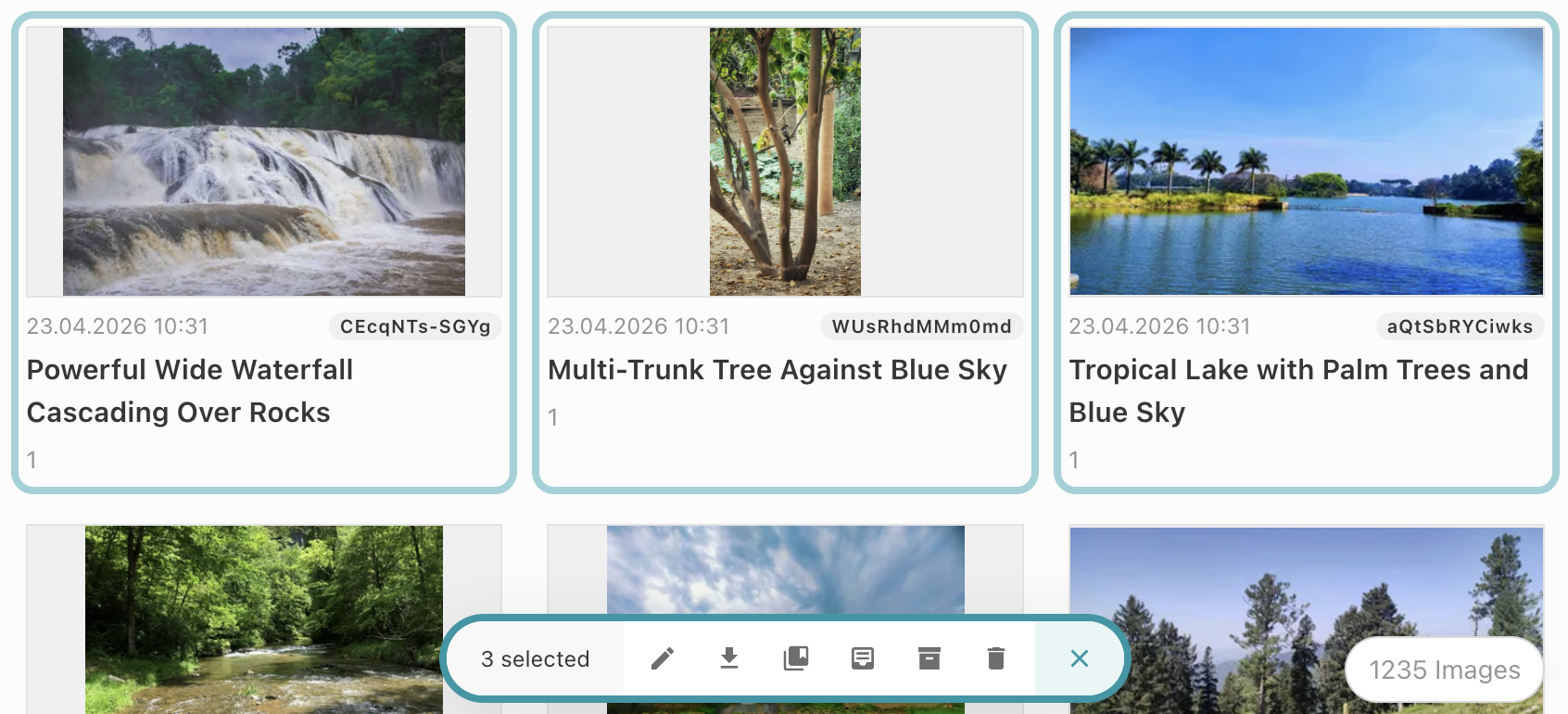 Batch action bar showing 3 selected assets with icons for edit metadata, download, send to inbox, store in archive, and delete