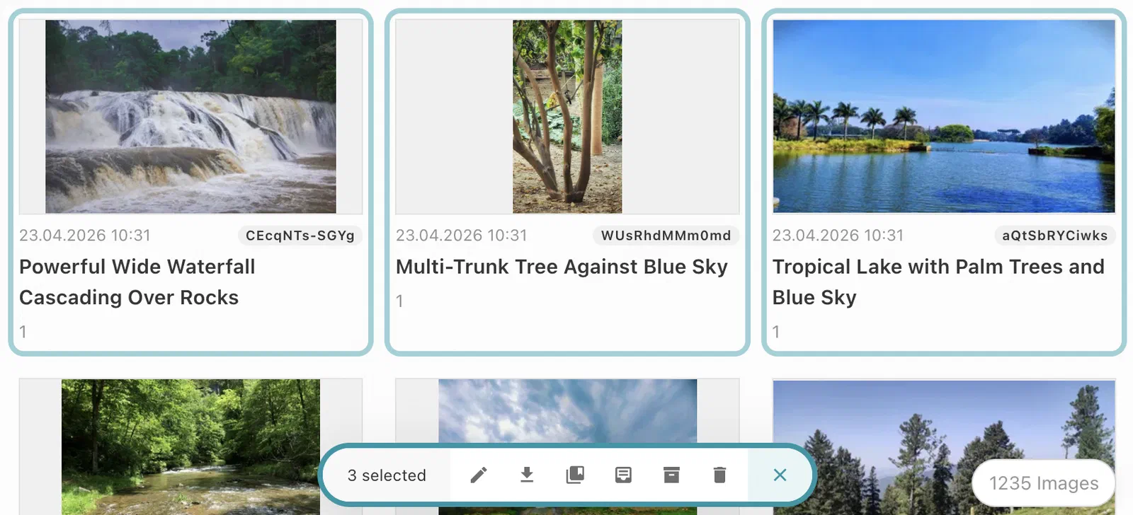Batch action bar showing 3 selected assets with icons for edit metadata, download, send to inbox, store in archive, and delete