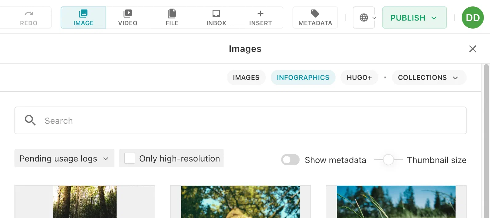 Media library sidepanel with tabs for dashboards, media sources, and image collections