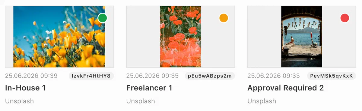 Three media library cards with a green, orange, and red dot in their top-right corners