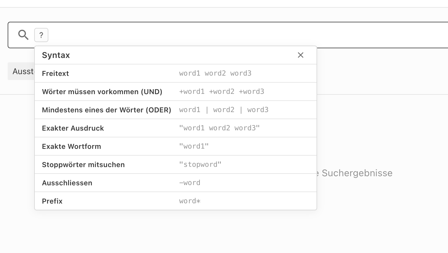 Search field with the syntax help flyout open