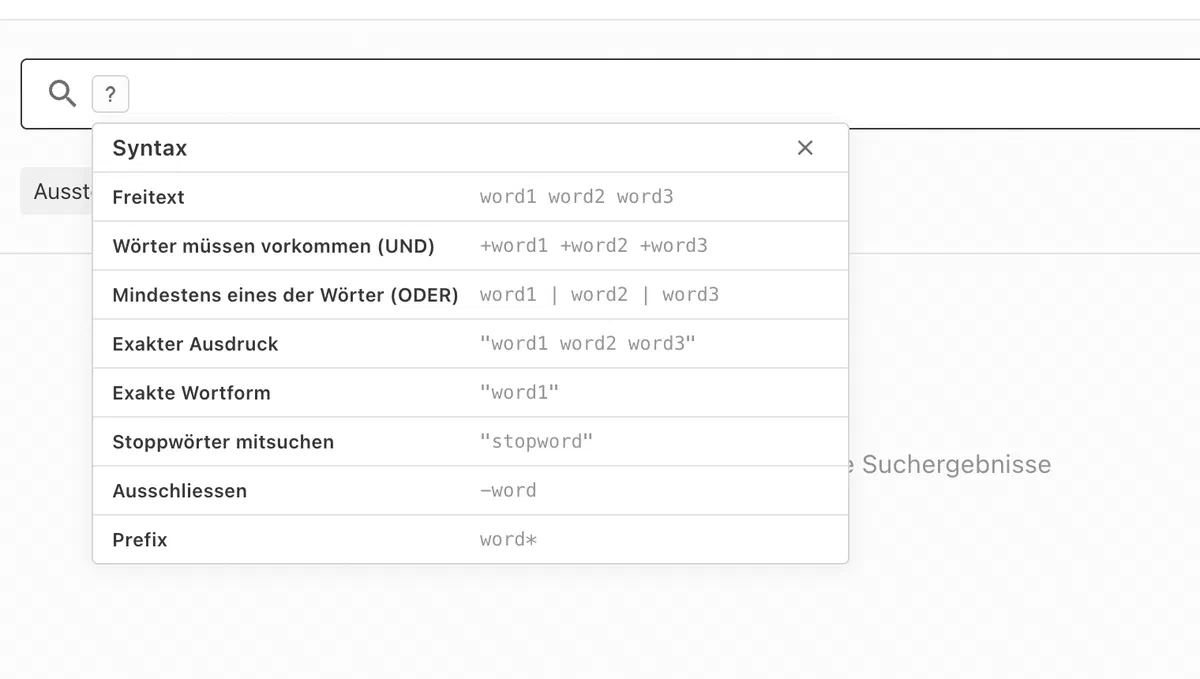 Search field with the syntax help flyout open