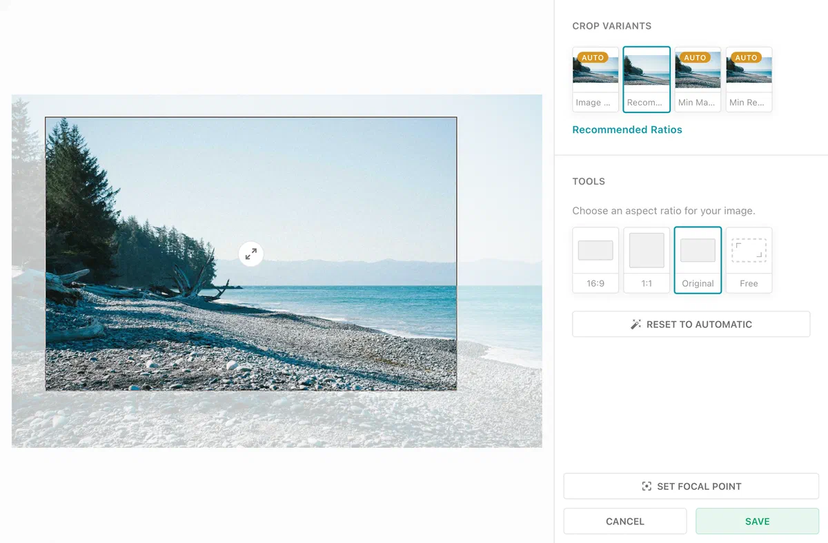 The image cropping tool with the redesigned aspect ratio picker