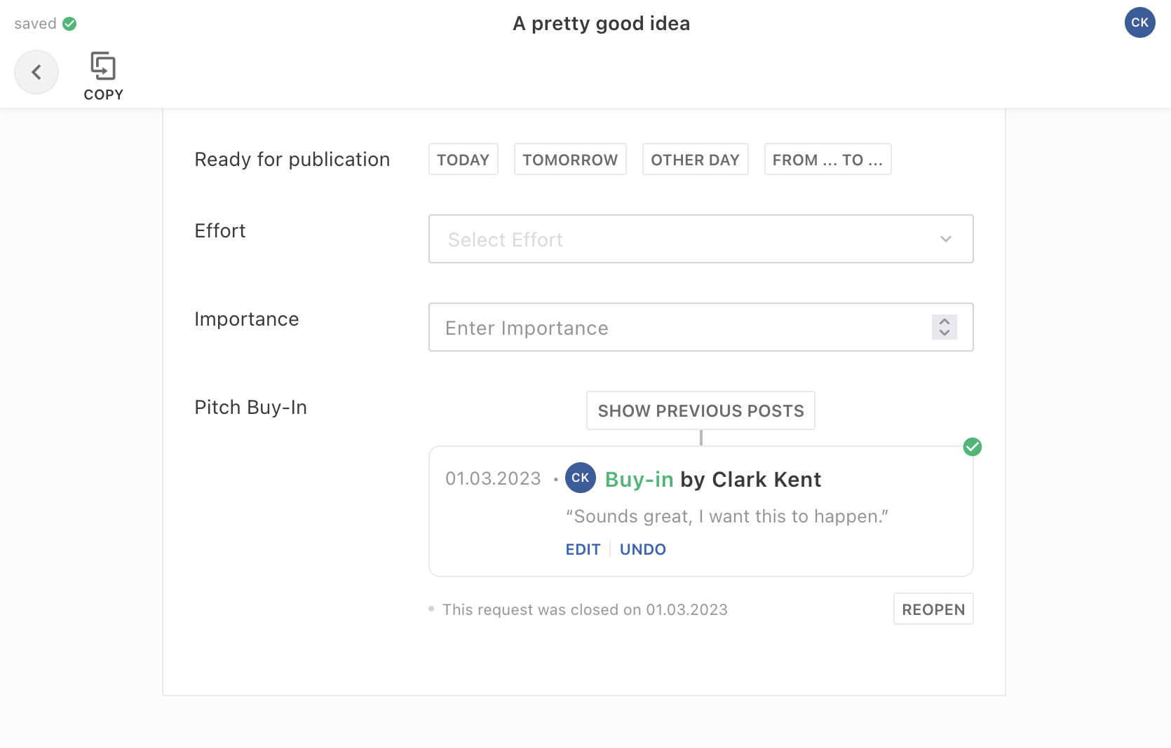 A screenshot of the li-buy-in plugin showing the buy-in as accepted along with a comment and a button to reopen the request.