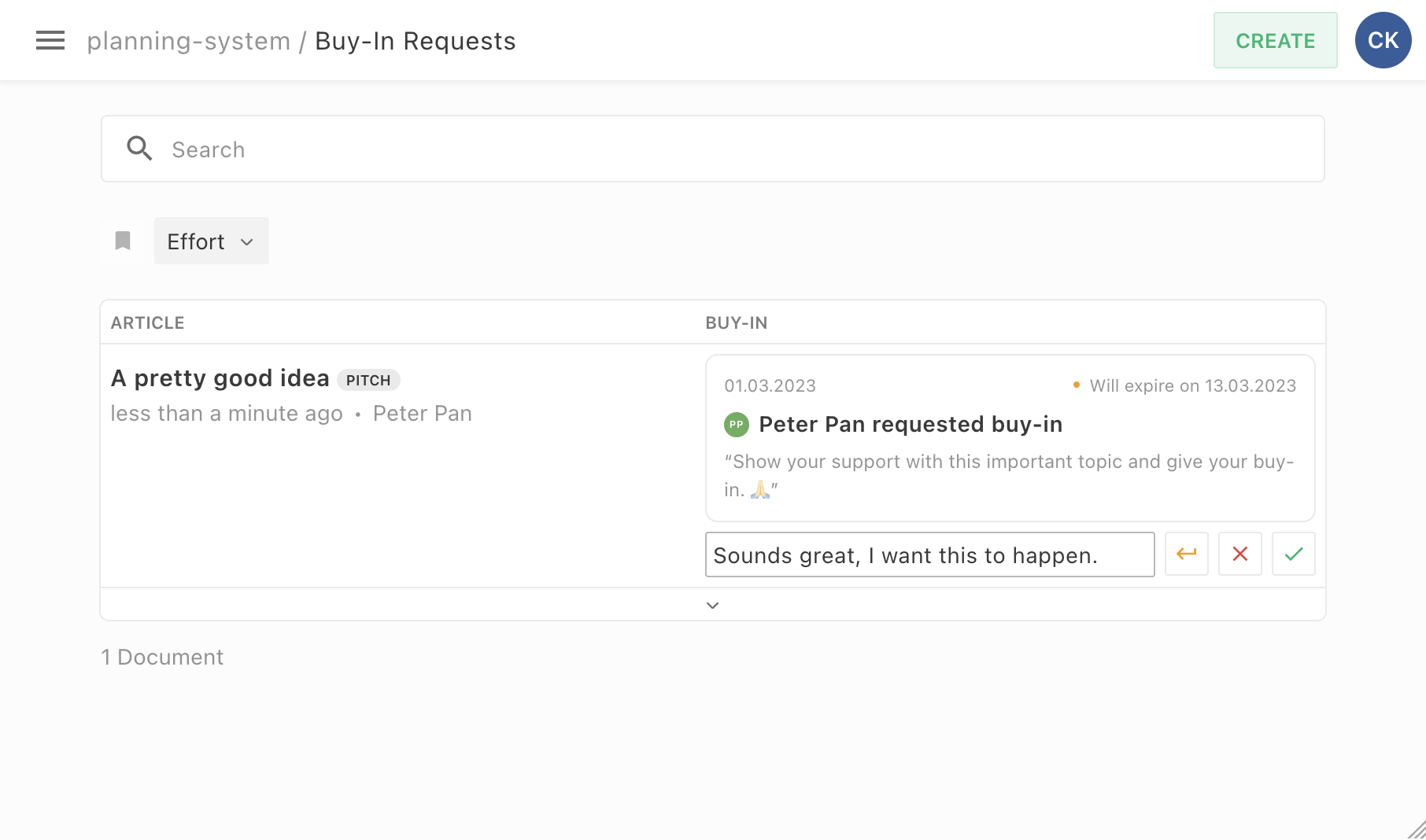 A screenshot of a Table Dashboard where users can see the buy-in request details and can directly respond.