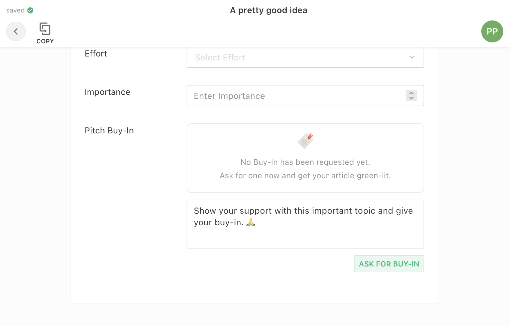 A screenshot of the li-buy-in plugin showing an empty state message, a comment field and a button to ask for buy-in.