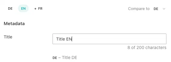 A Title field on the EN language tab reading Title EN, with the German value shown beneath it for comparison