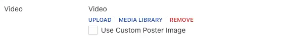 A Video field offering Upload, Media Library and Remove actions above a checkbox for using a custom poster image