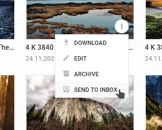 A media library entry context menu listing Download, Edit, Archive and Send to Inbox